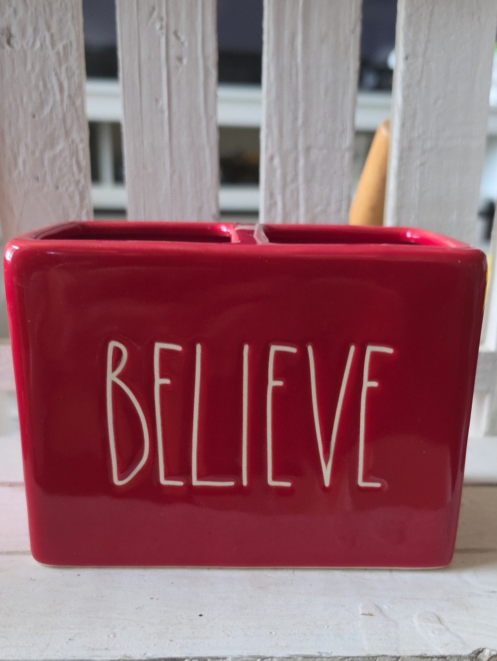 Rae Dunn Red 'BELIEVE' Ceramic Toothbrush Holder